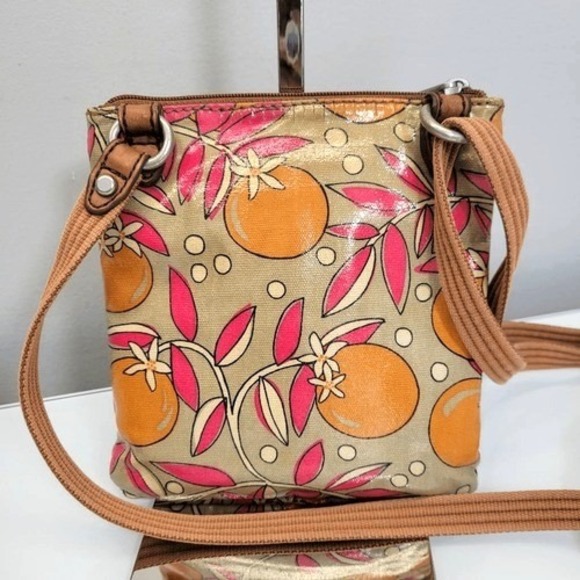 Vintage Y2K Fossil Key-Per Crossbody Bag Brown Citrus Floral Small Coated Canvas - Picture 2 of 8